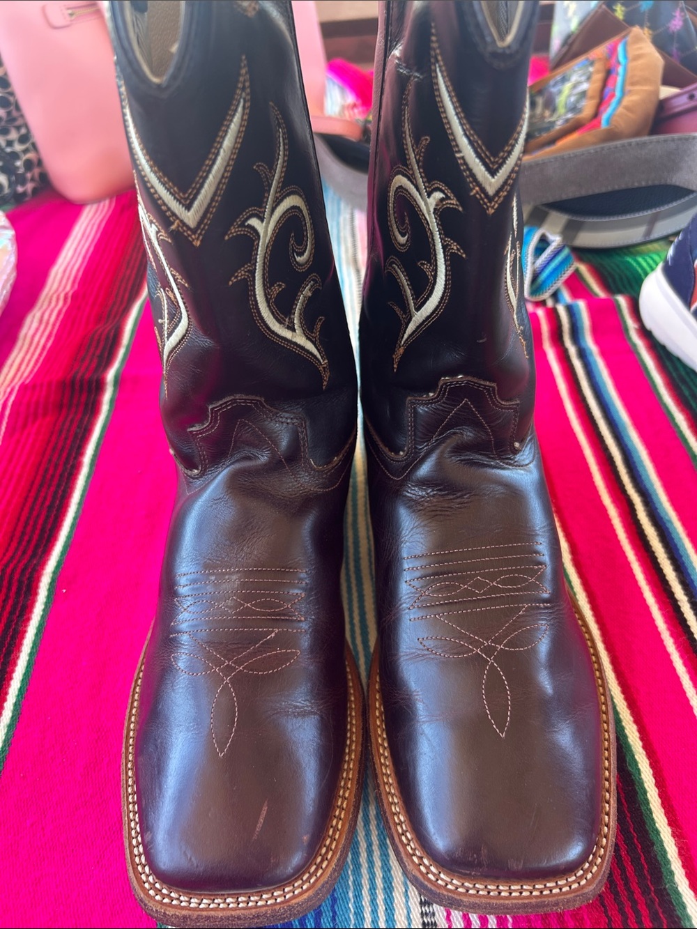 Old West Dark Brown Leather Western Boots with Cream Stitching